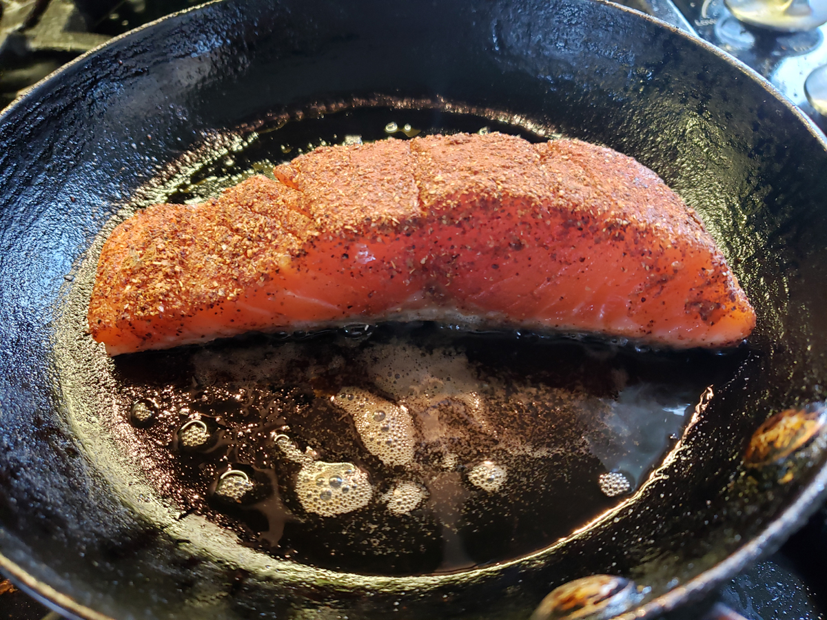 Sear skin side down to crisp up salmon skin